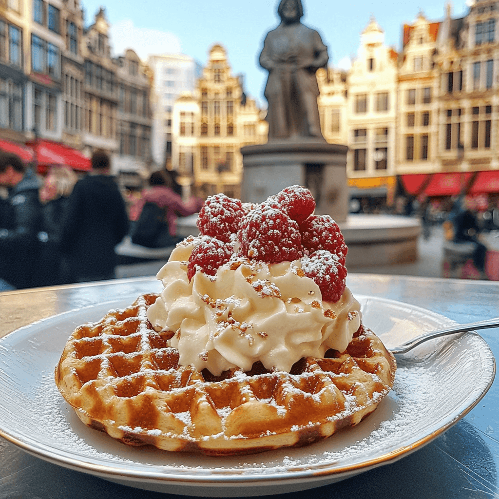 Belgian waffles with fresh fruit, whipped cream, and syrup on a plate.
