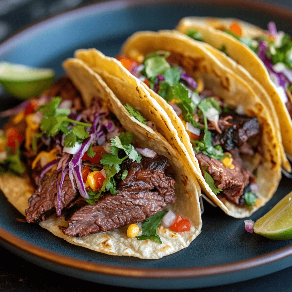 Tender beef short ribs served in a taco shell with fresh toppings like cilantro, onions, and lime.